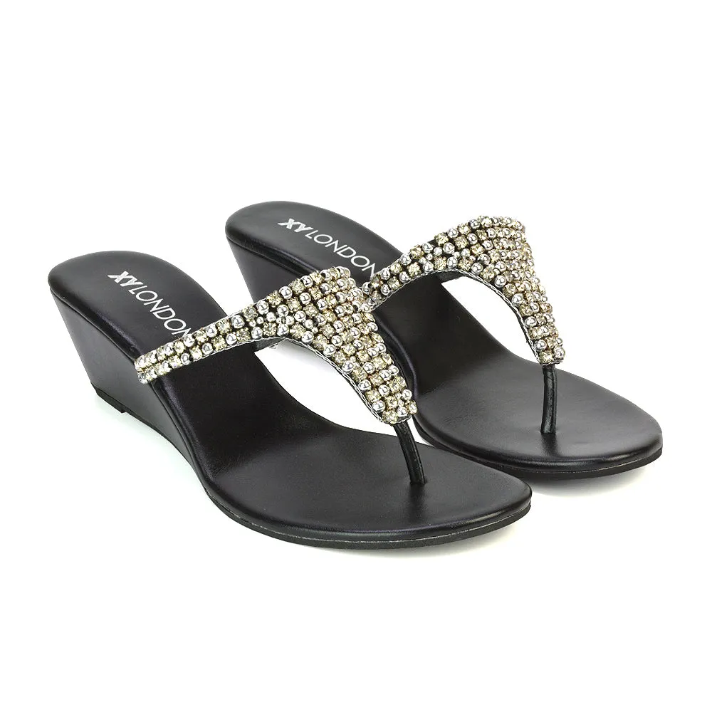 Logan Diamante Embellished Sparkly Statement Strappy Toe Post Thong Wedge Sandal High Heels in Black