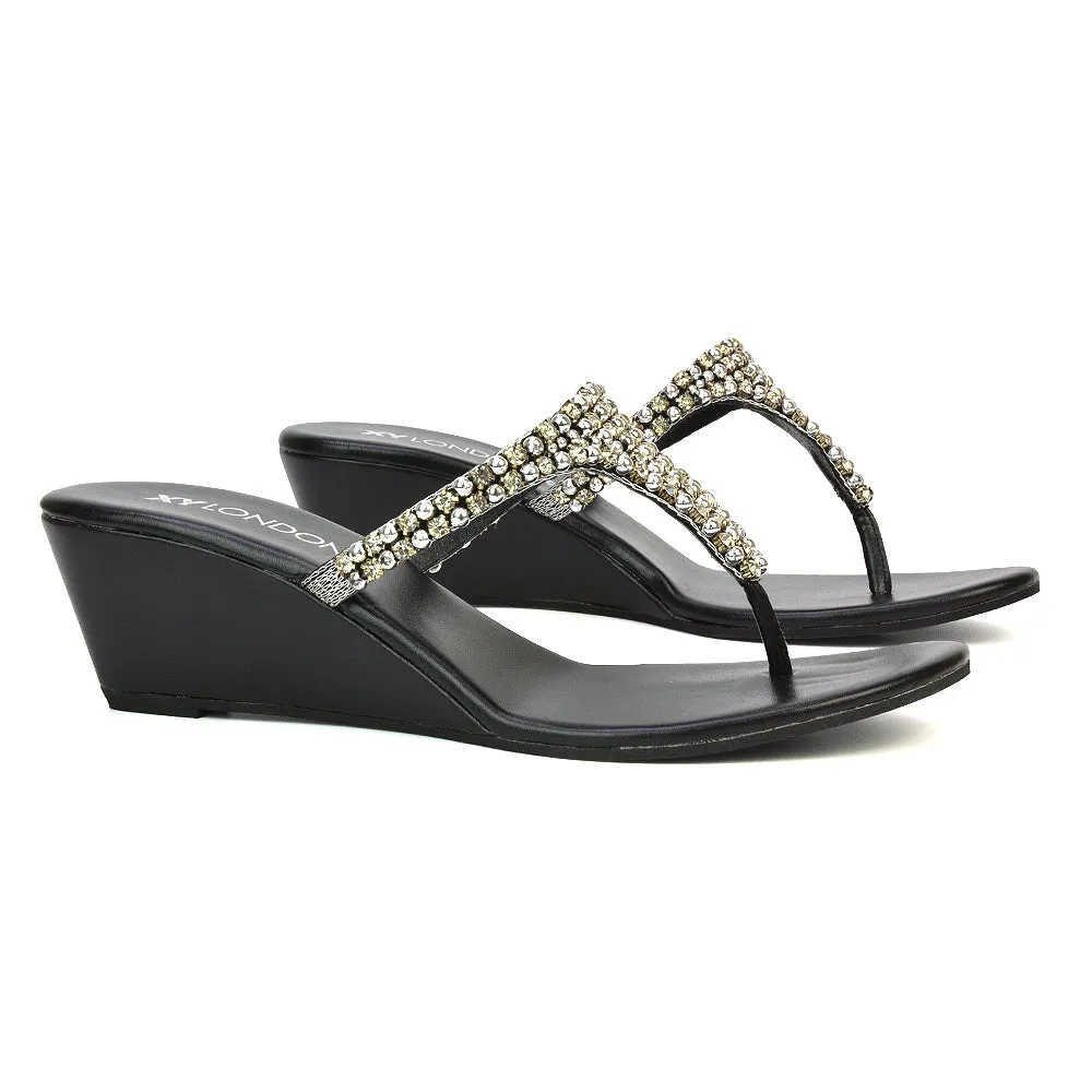 Logan Diamante Embellished Sparkly Statement Strappy Toe Post Thong Wedge Sandal High Heels in Black