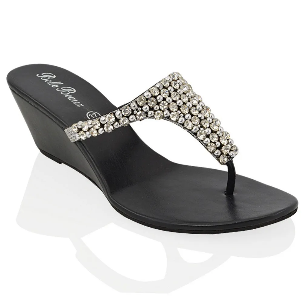 Logan Diamante Embellished Sparkly Statement Strappy Toe Post Thong Wedge Sandal High Heels in Black