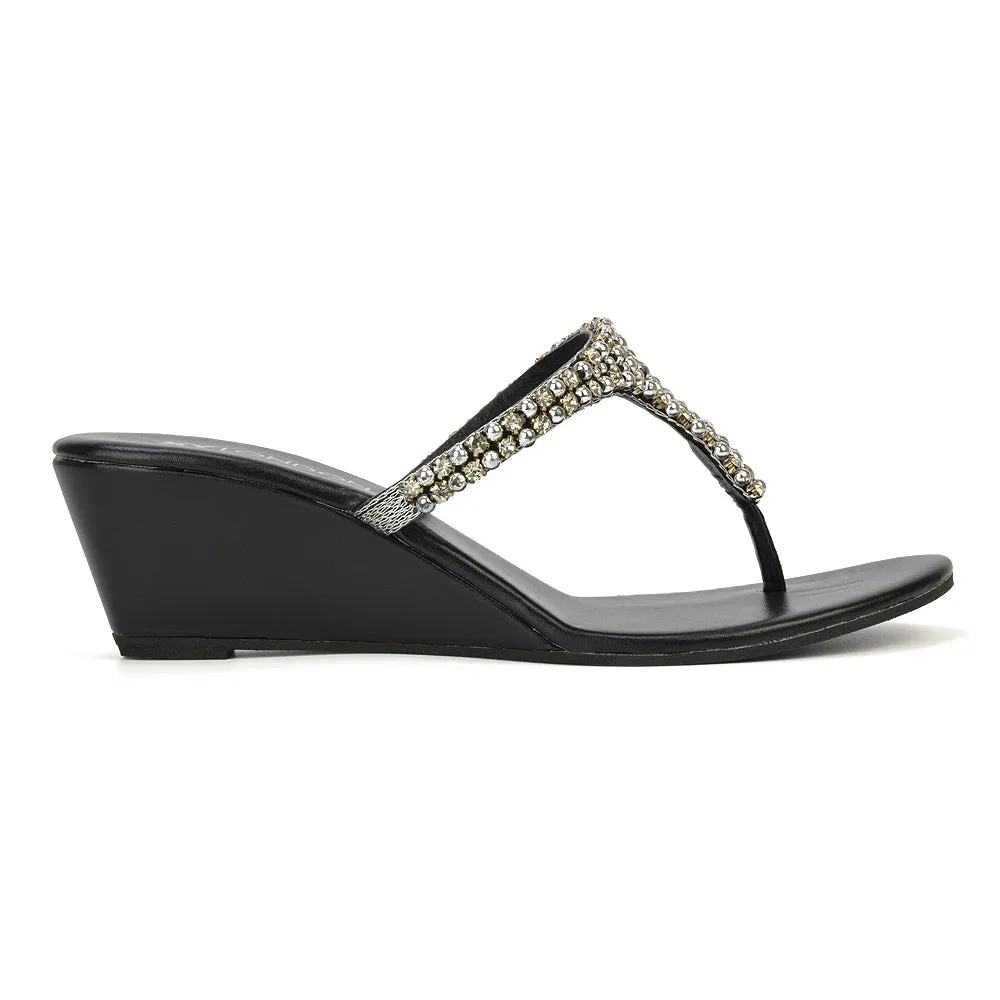 Logan Diamante Embellished Sparkly Statement Strappy Toe Post Thong Wedge Sandal High Heels in Black