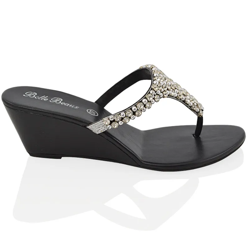 Logan Diamante Embellished Sparkly Statement Strappy Toe Post Thong Wedge Sandal High Heels in Black