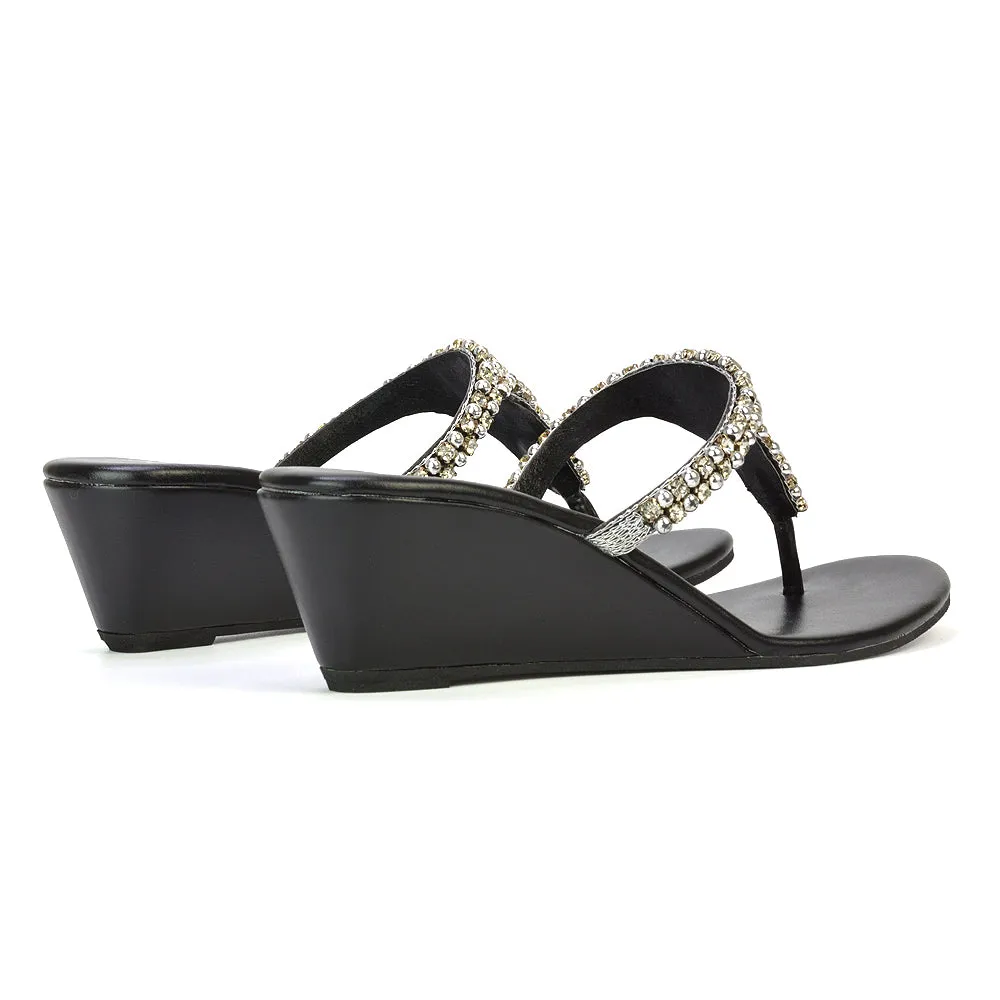 Logan Diamante Embellished Sparkly Statement Strappy Toe Post Thong Wedge Sandal High Heels in Black