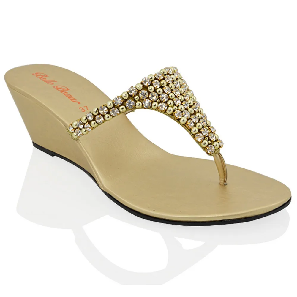 Logan Diamante Embellished Sparkly Statement Strappy Toe Post Thong Wedge Sandal High Heels in Gold