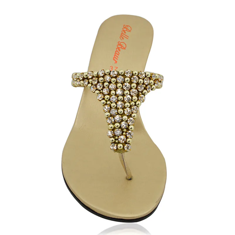 Logan Diamante Embellished Sparkly Statement Strappy Toe Post Thong Wedge Sandal High Heels in Gold