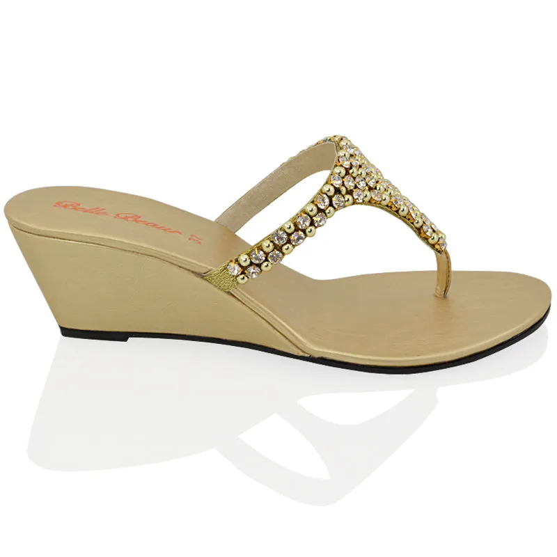 Logan Diamante Embellished Sparkly Statement Strappy Toe Post Thong Wedge Sandal High Heels in Gold