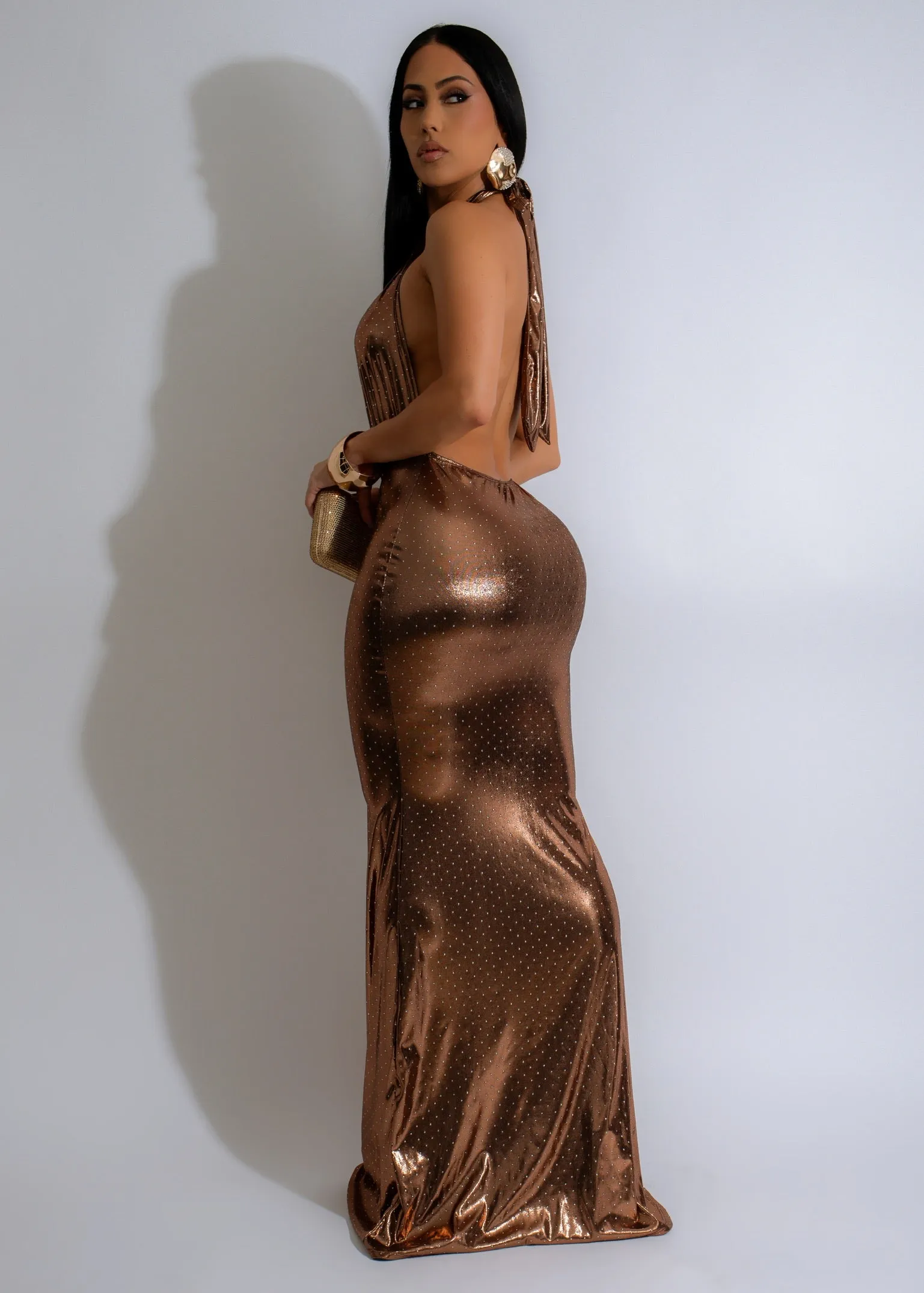 Lustrous Eclipse Rhinestones Metallic Maxi Dress Gold