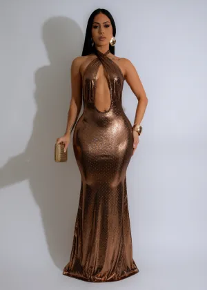 Lustrous Eclipse Rhinestones Metallic Maxi Dress Gold