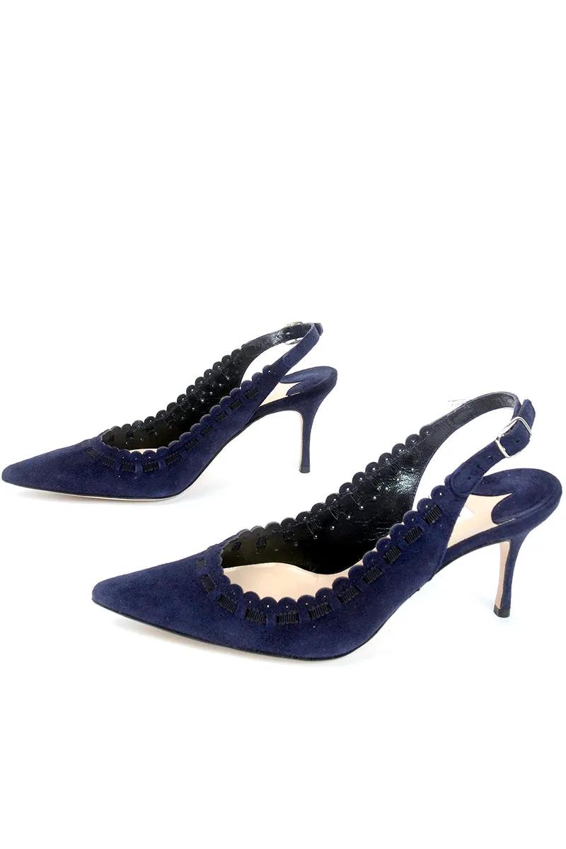 Manolo Blahnik Blue Suede Scalloped Slingback Shoes