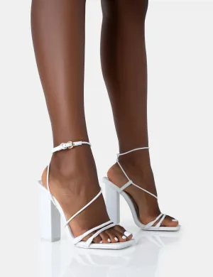 Marley White PU Strappy Barely There Square Toe Block Heels