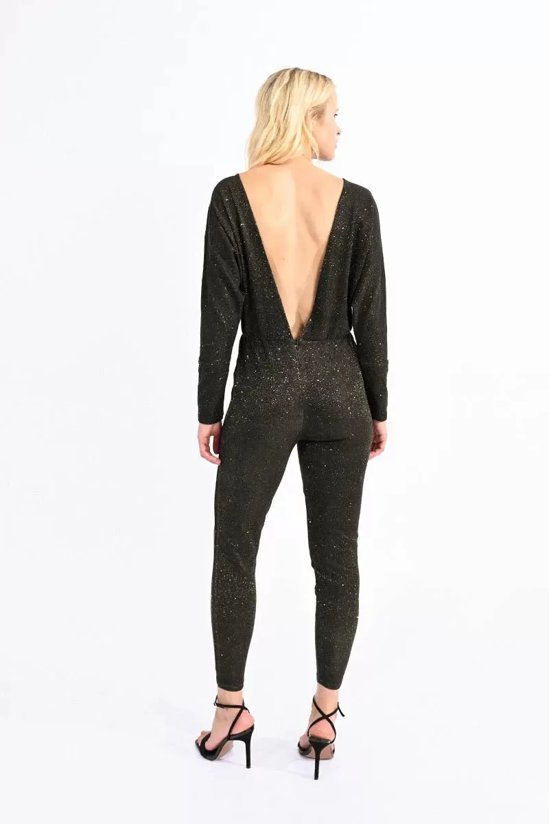 Molly Bracken Black/Gold Lurex Jersey Jumpsuit