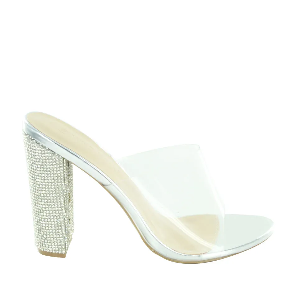 MORRIS-298 Clear Strap Rhinestone Embellished Block Heel Sandals