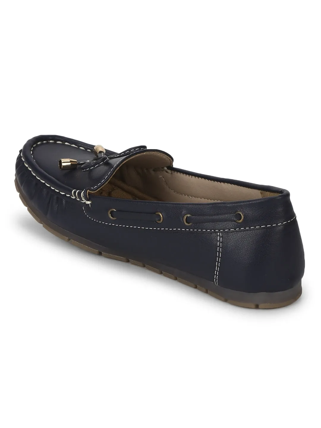 Navy Blue PU Loafers With Bow