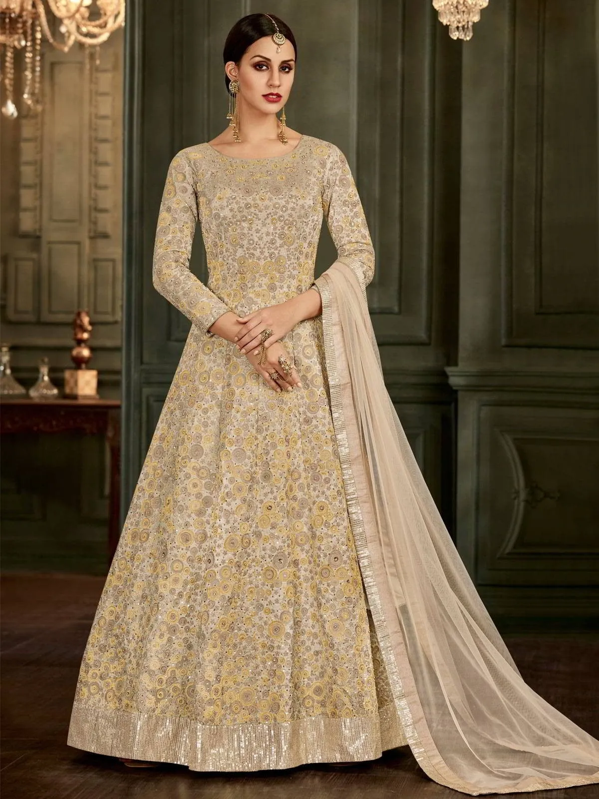 Off White Floral Embroidered Flared Anarkali Suit