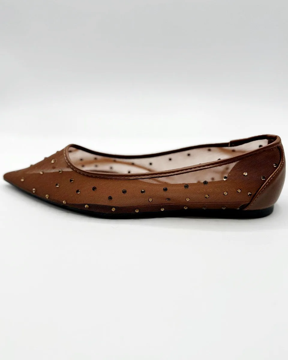 POINTED TOE RHINESTONE MESH FLATS IN BROWN