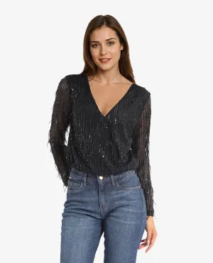 Rareism Women Carm Metallic Black Cotton Fabric Full Sleeves Sequined Top