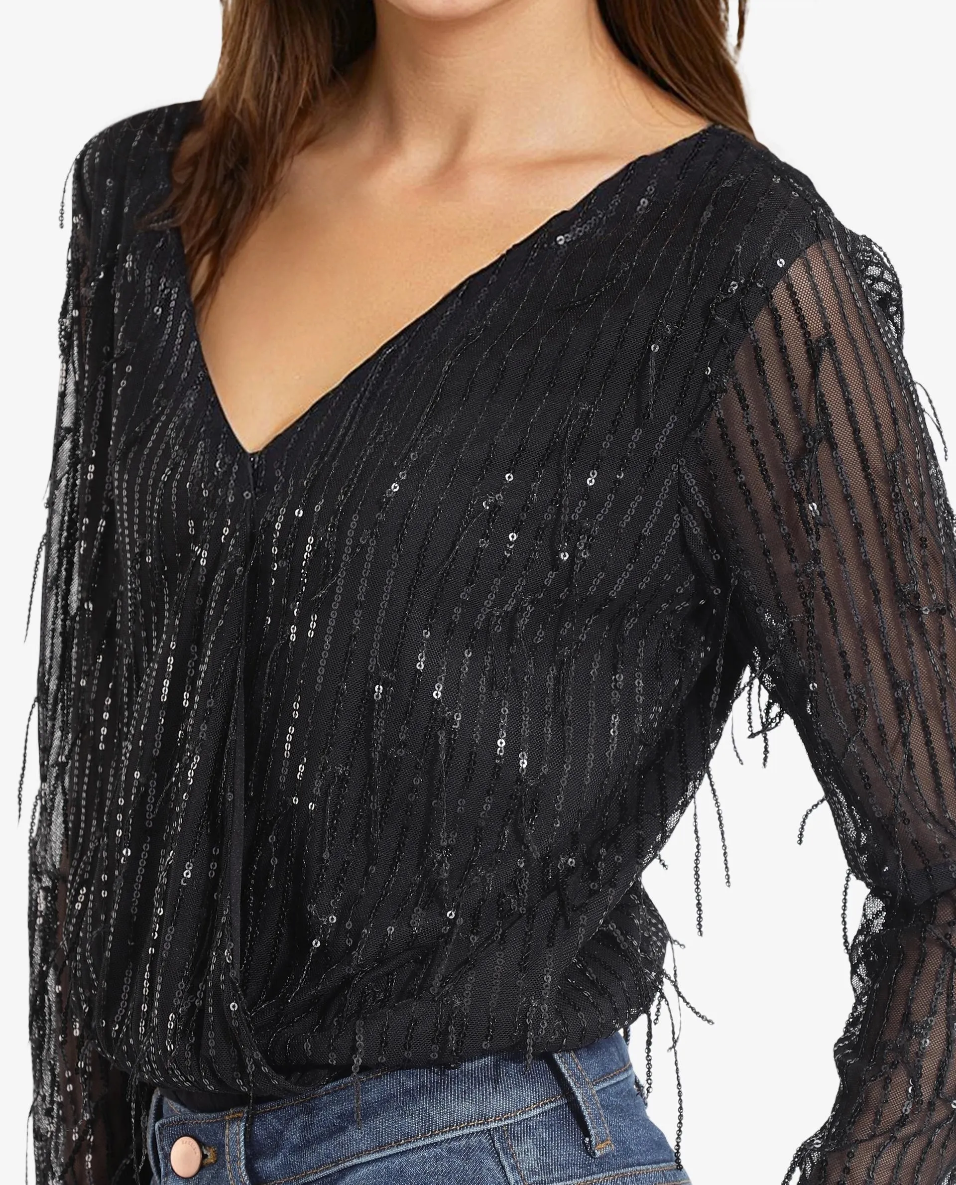 Rareism Women Carm Metallic Black Cotton Fabric Full Sleeves Sequined Top