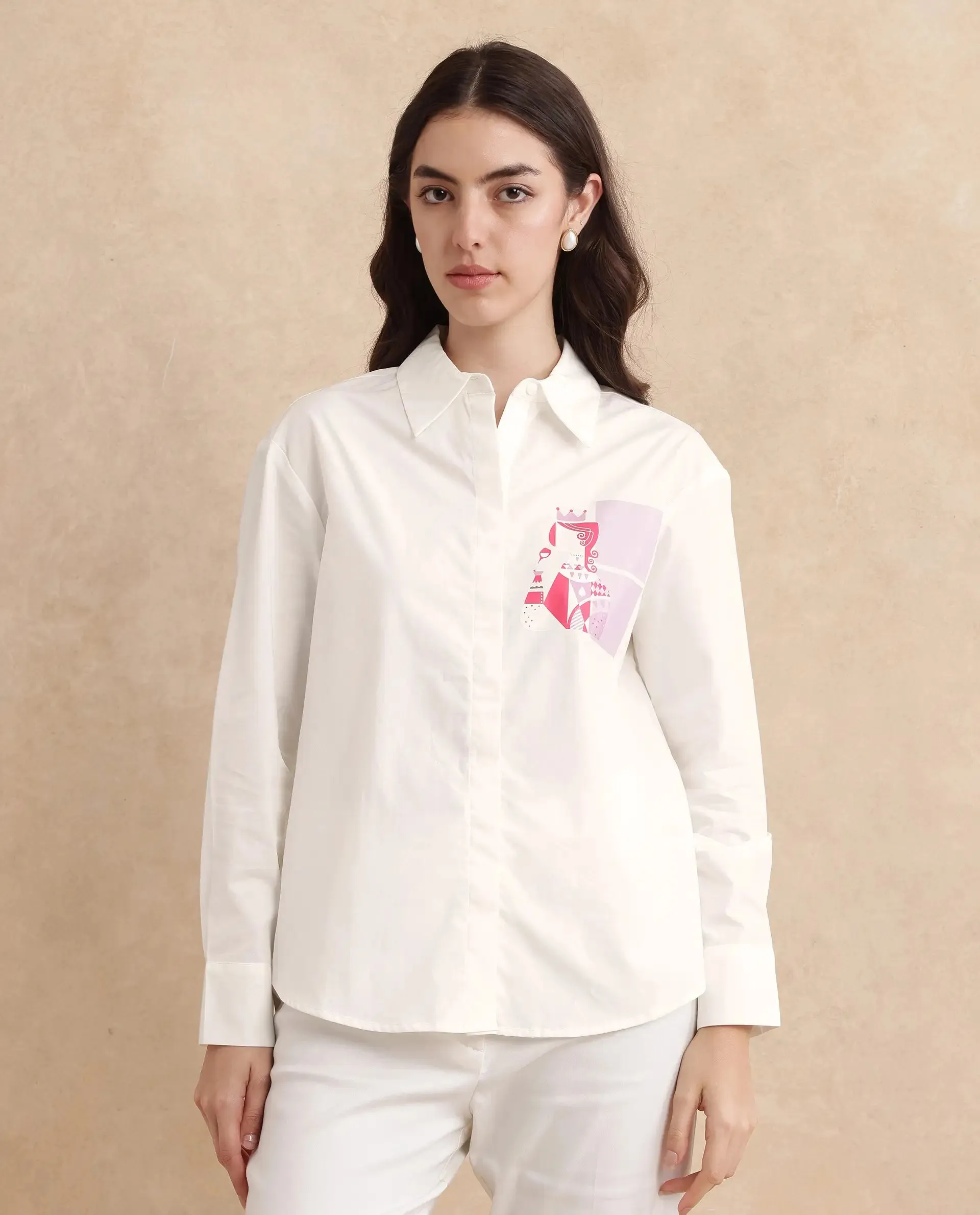 Rareism Women Linnpo Off White Poplin Fabric Cuffed Sleeve Collared Neck Button Closure Graphic Print Shirt