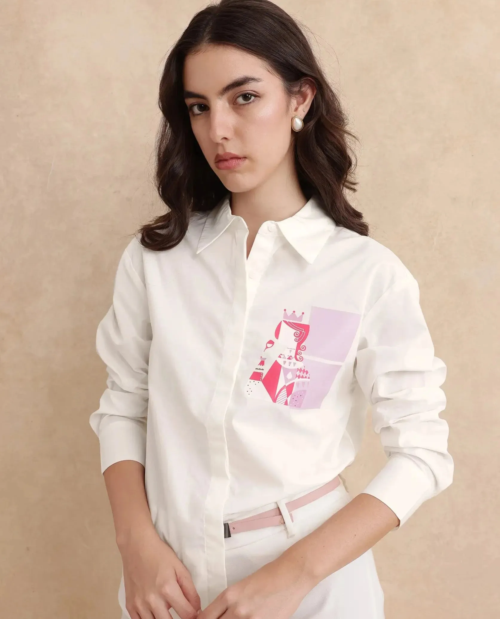 Rareism Women Linnpo Off White Poplin Fabric Cuffed Sleeve Collared Neck Button Closure Graphic Print Shirt