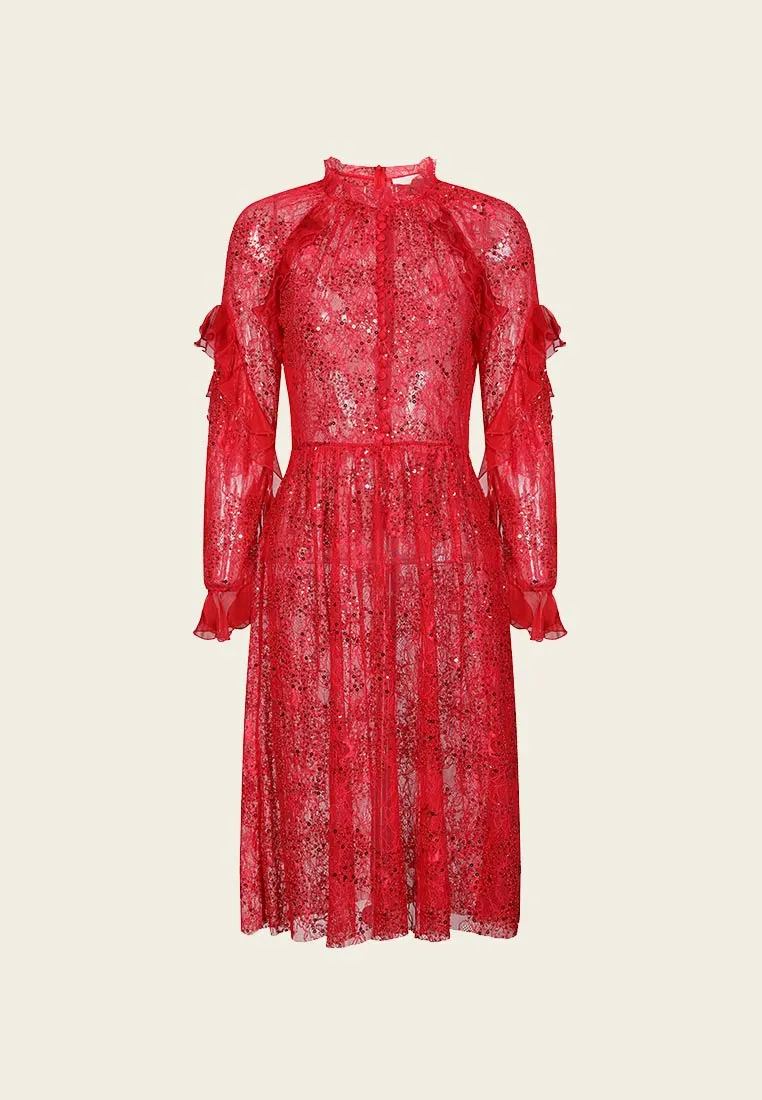 Red Floral-embellished Long-sleeves Evening Dress