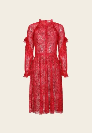 Red Floral-embellished Long-sleeves Evening Dress