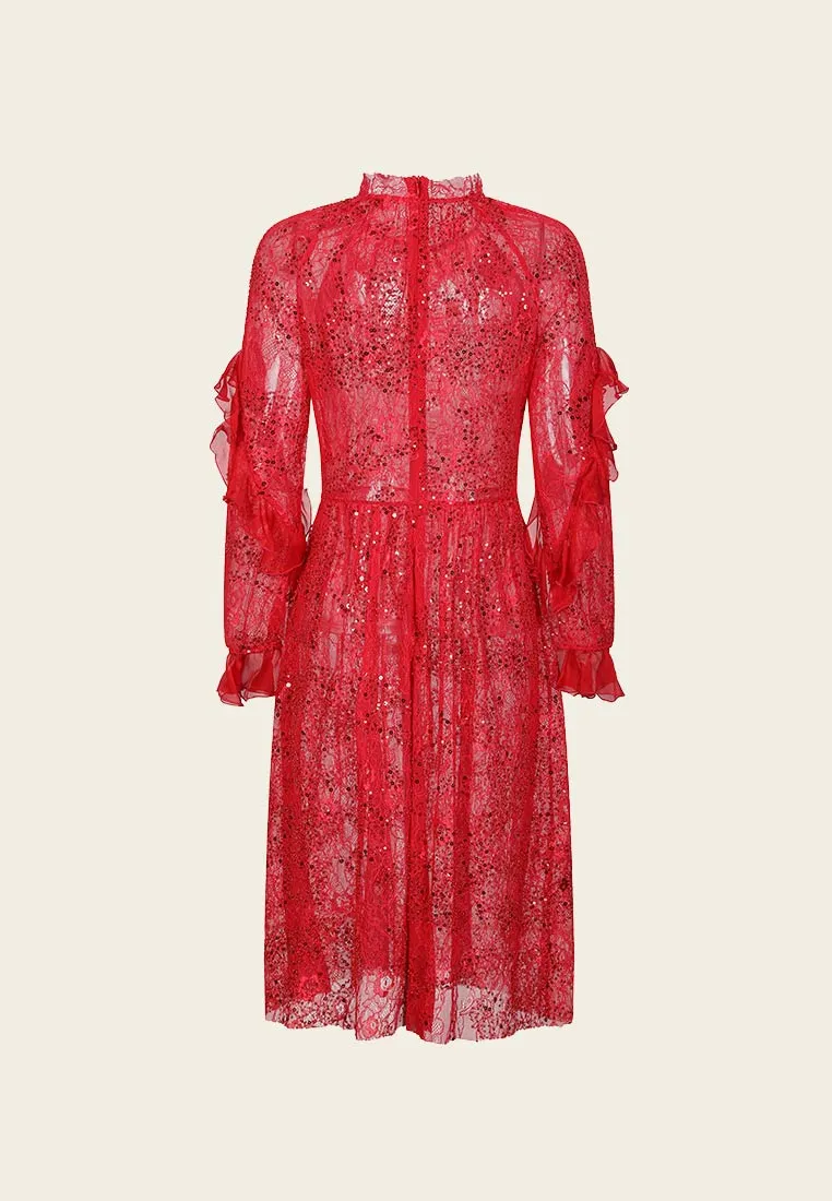 Red Floral-embellished Long-sleeves Evening Dress