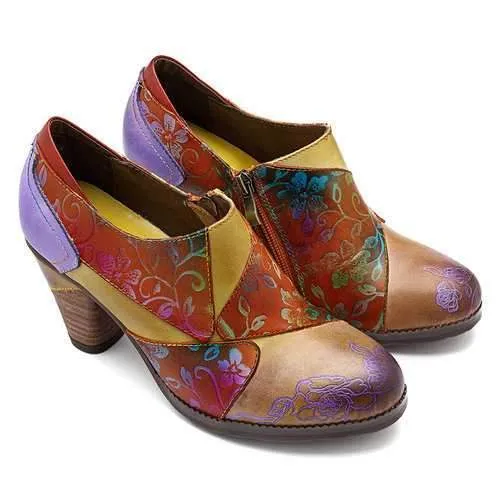 Retro Splicing Flowers Pattern Pumps