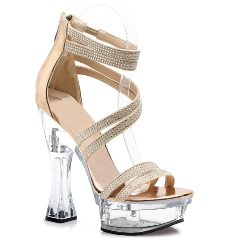 Rhinestone Strappy Drag Shoes with Chic Transparent Platform Heel