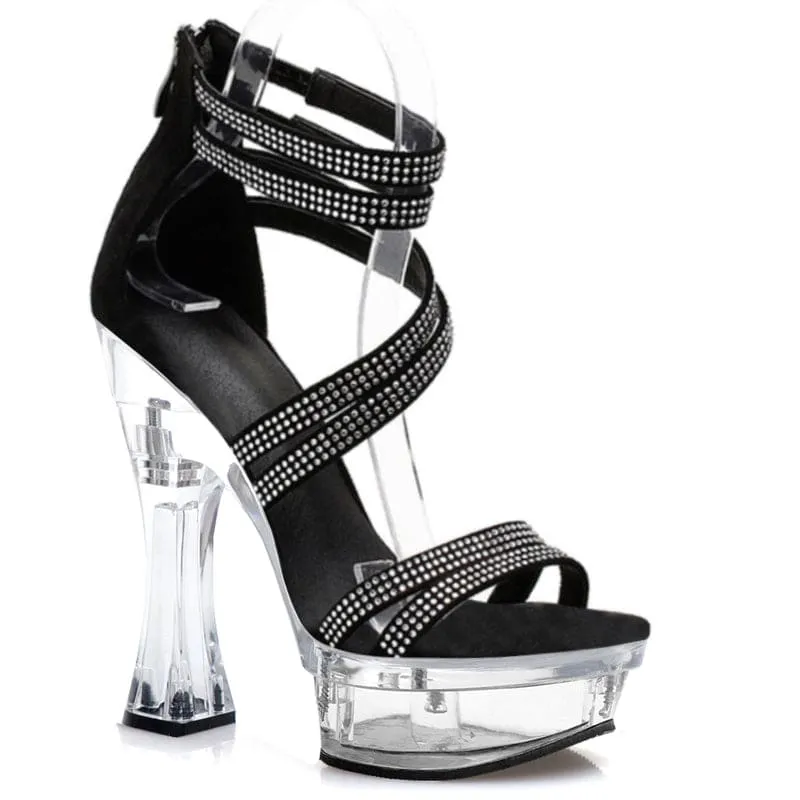 Rhinestone Strappy Drag Shoes with Chic Transparent Platform Heel