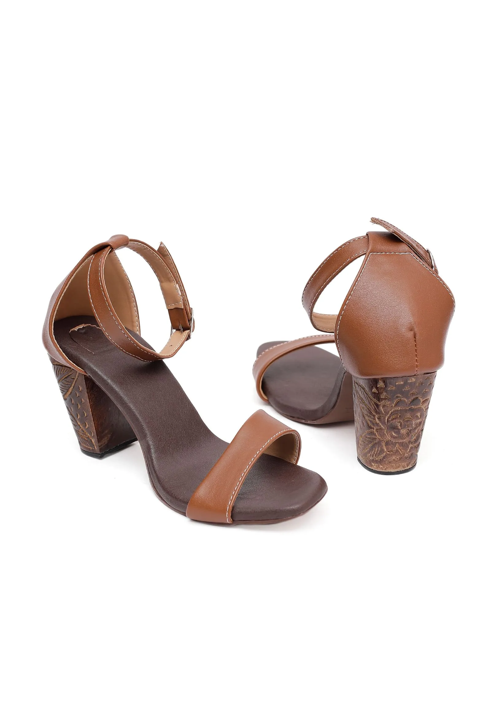 Rust Brown Wooden Carved Ankle Strap Heels