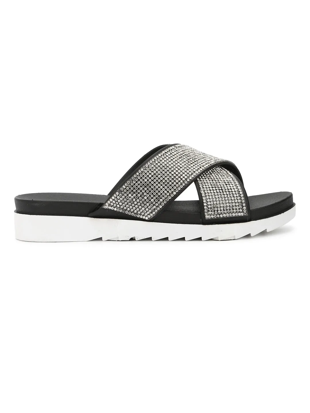 Silver Black Diamante Crossover Slip-On Flats