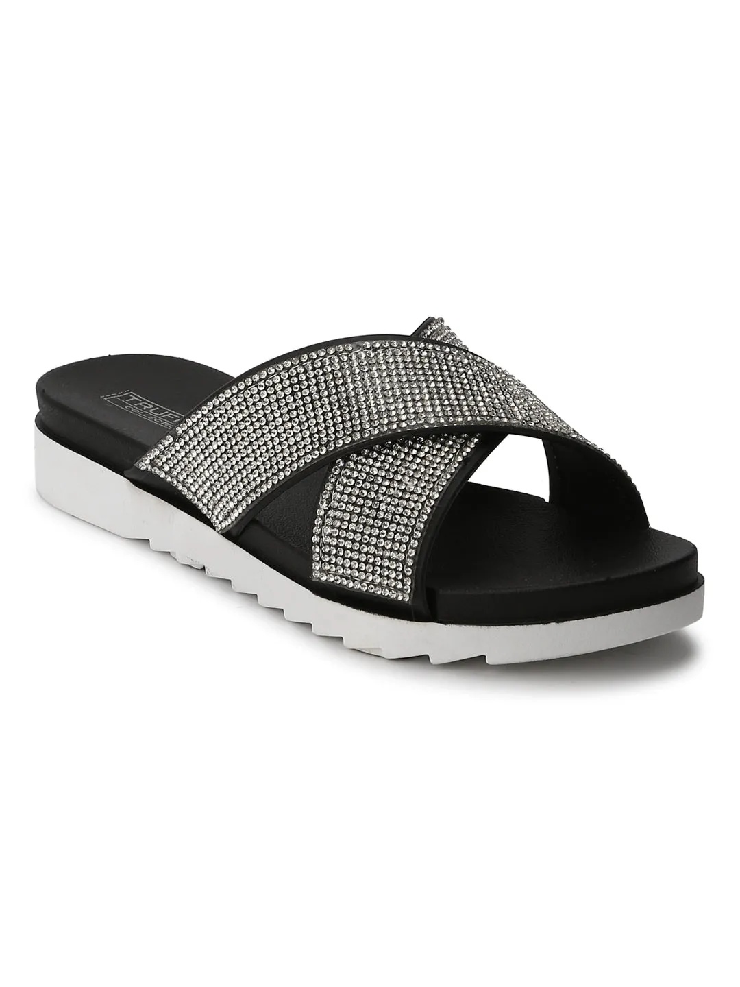 Silver Black Diamante Crossover Slip-On Flats