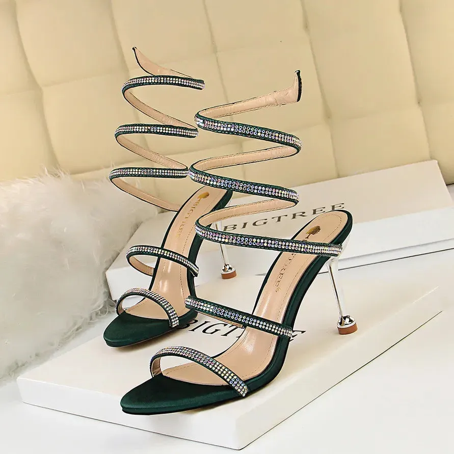 Snake Winding Rhinestone Strap Heels