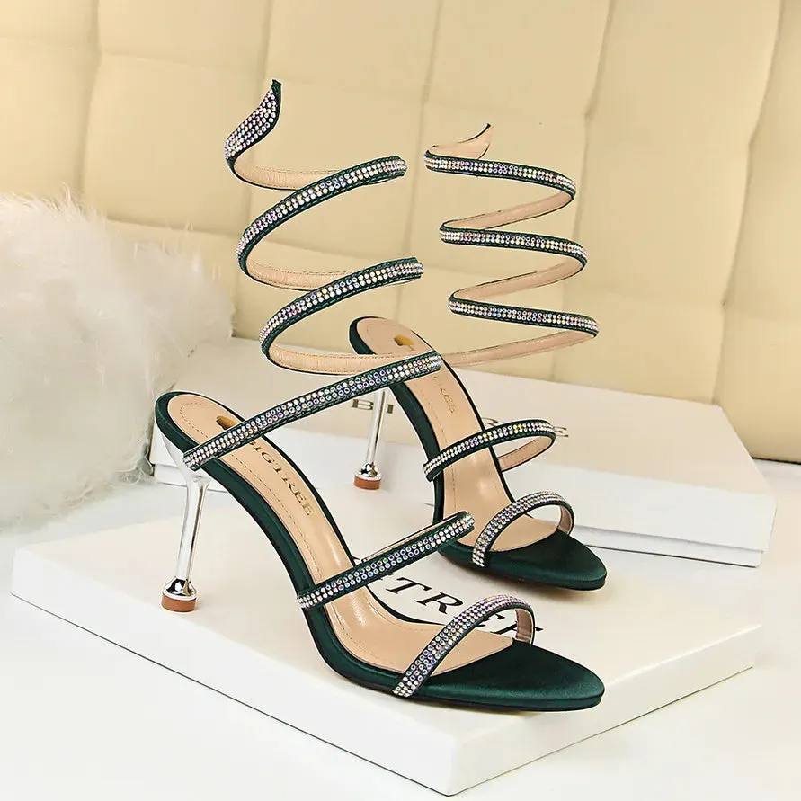 Snake Winding Rhinestone Strap Heels