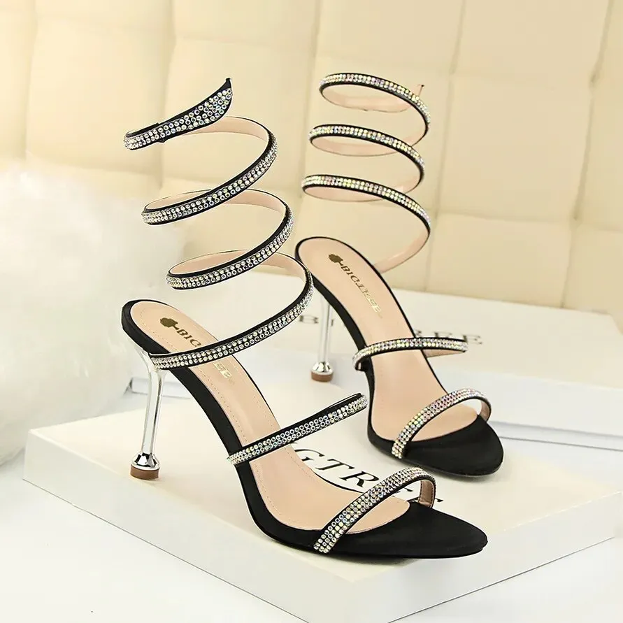 Snake Winding Rhinestone Strap Heels