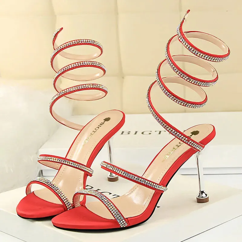 Snake Winding Rhinestone Strap Heels