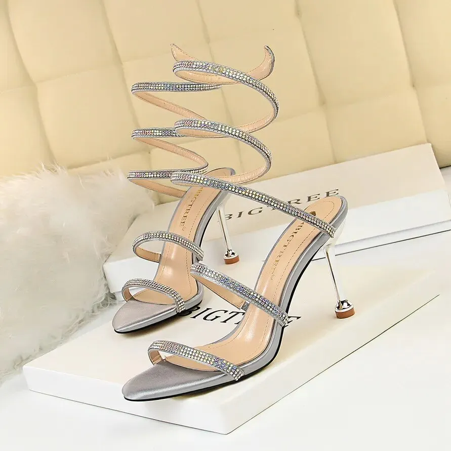 Snake Winding Rhinestone Strap Heels