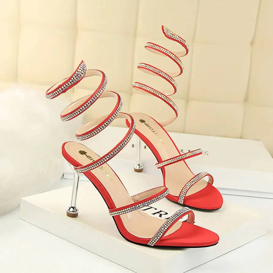 Snake Winding Rhinestone Strap Heels