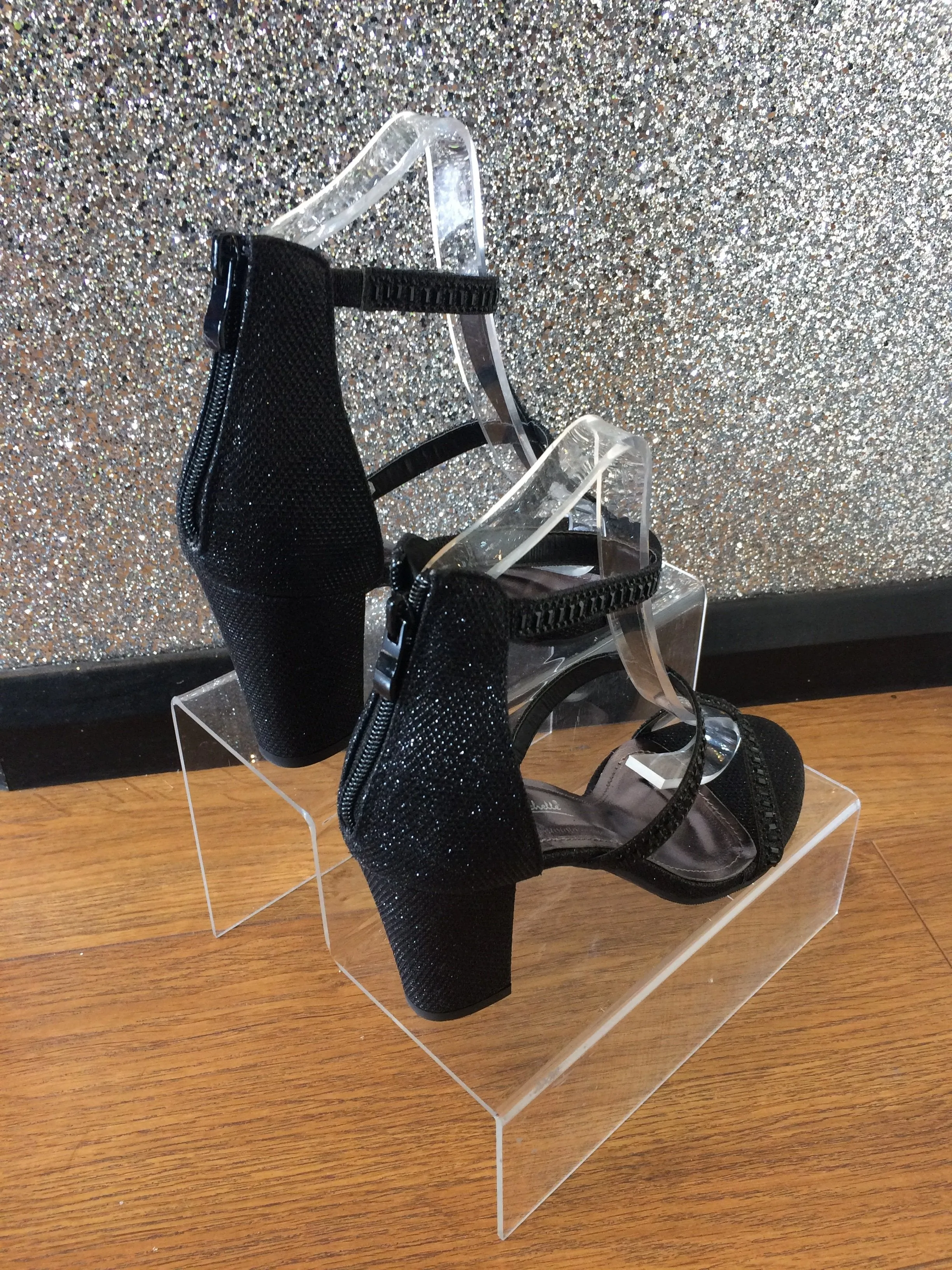 Sparkly Rhinestone Triple Strap Block Heels- Black