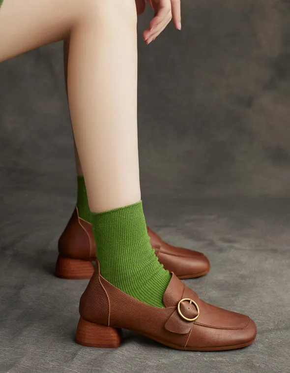 Spring Buckle Front Square Toe Chunky Heels