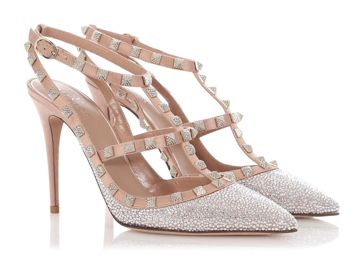 Valentino Champagne Silk Crystal Studded Rockstud T-Strap Pumps