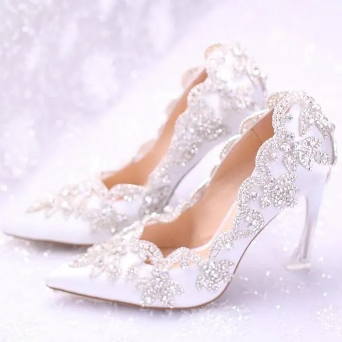 White floral rhinestone elegant white wedding stiletto heels