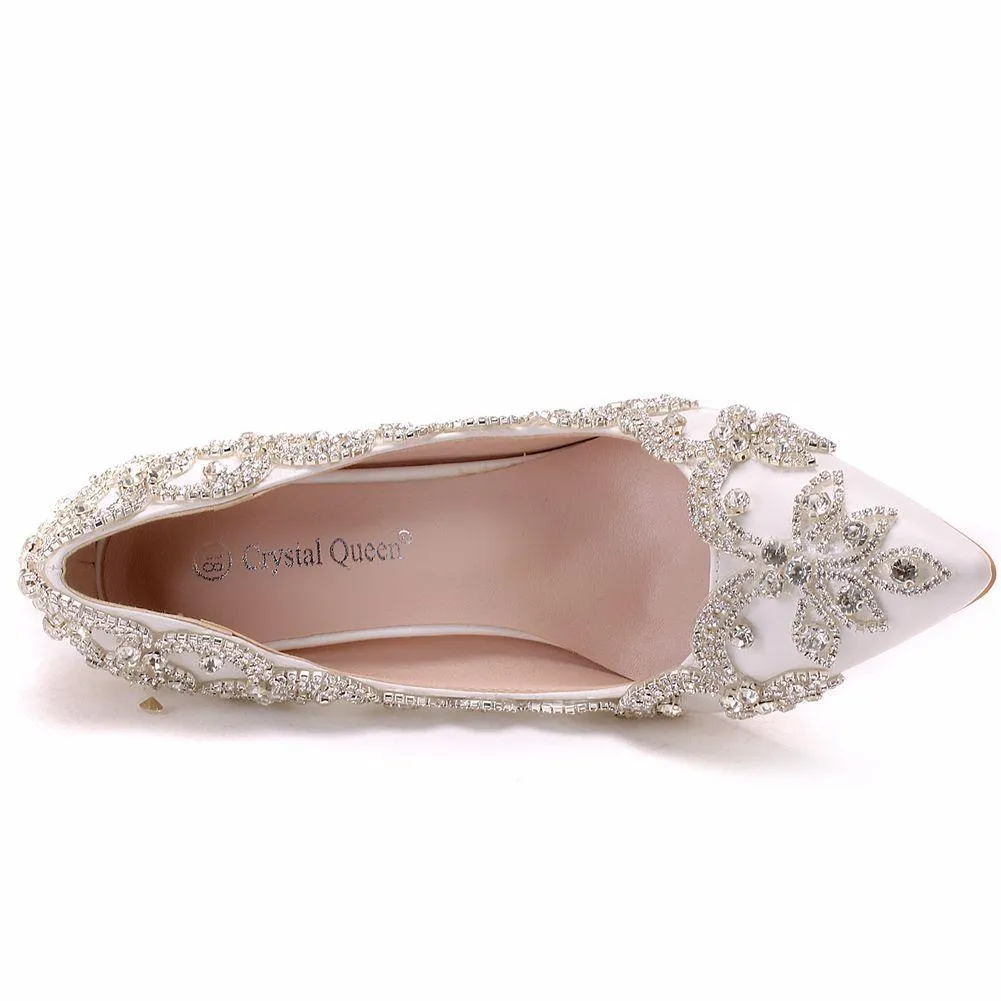 White floral rhinestone elegant white wedding stiletto heels