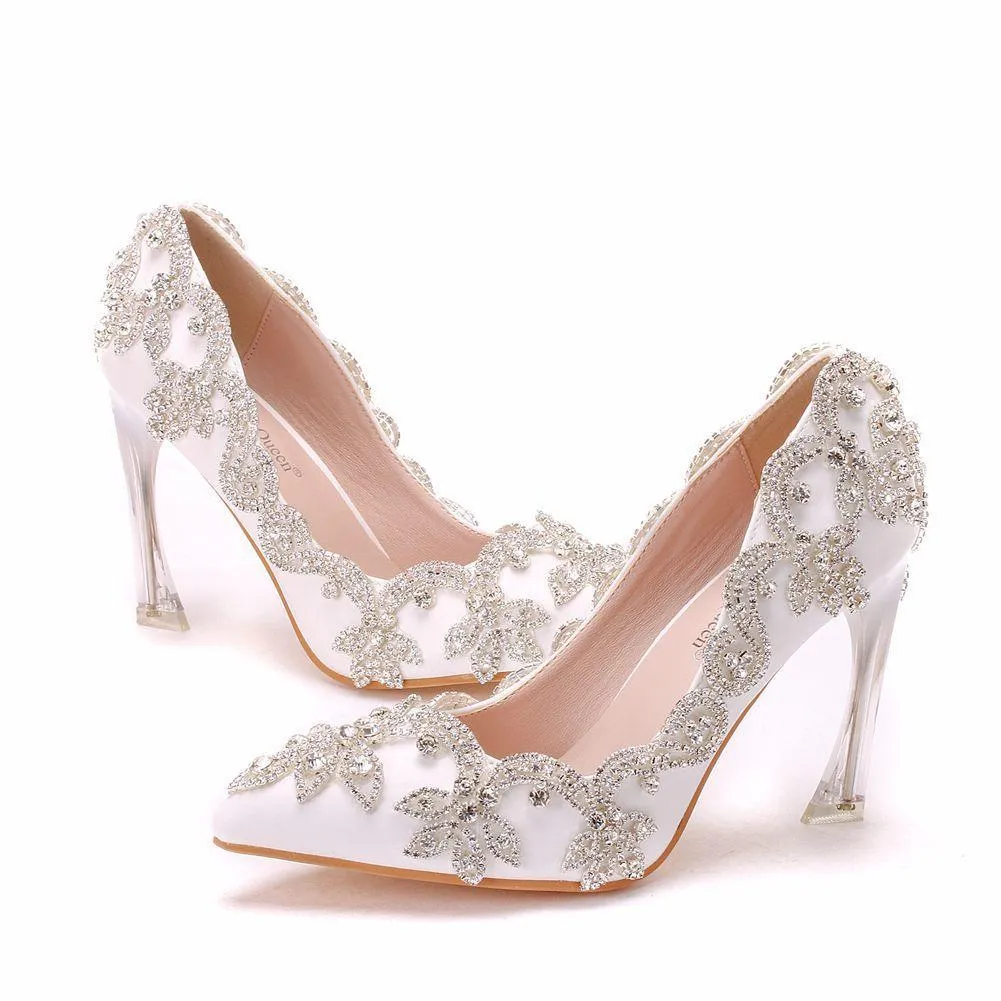 White floral rhinestone elegant white wedding stiletto heels