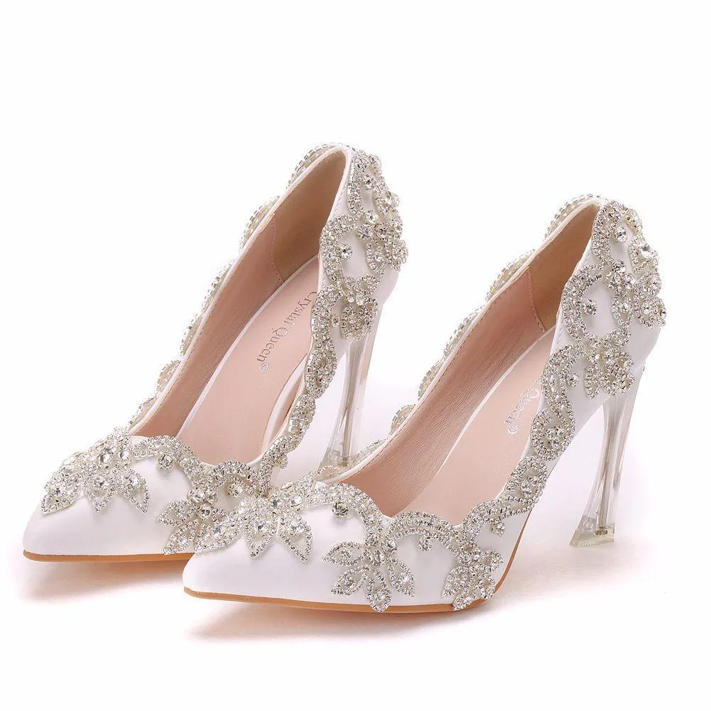 White floral rhinestone elegant white wedding stiletto heels