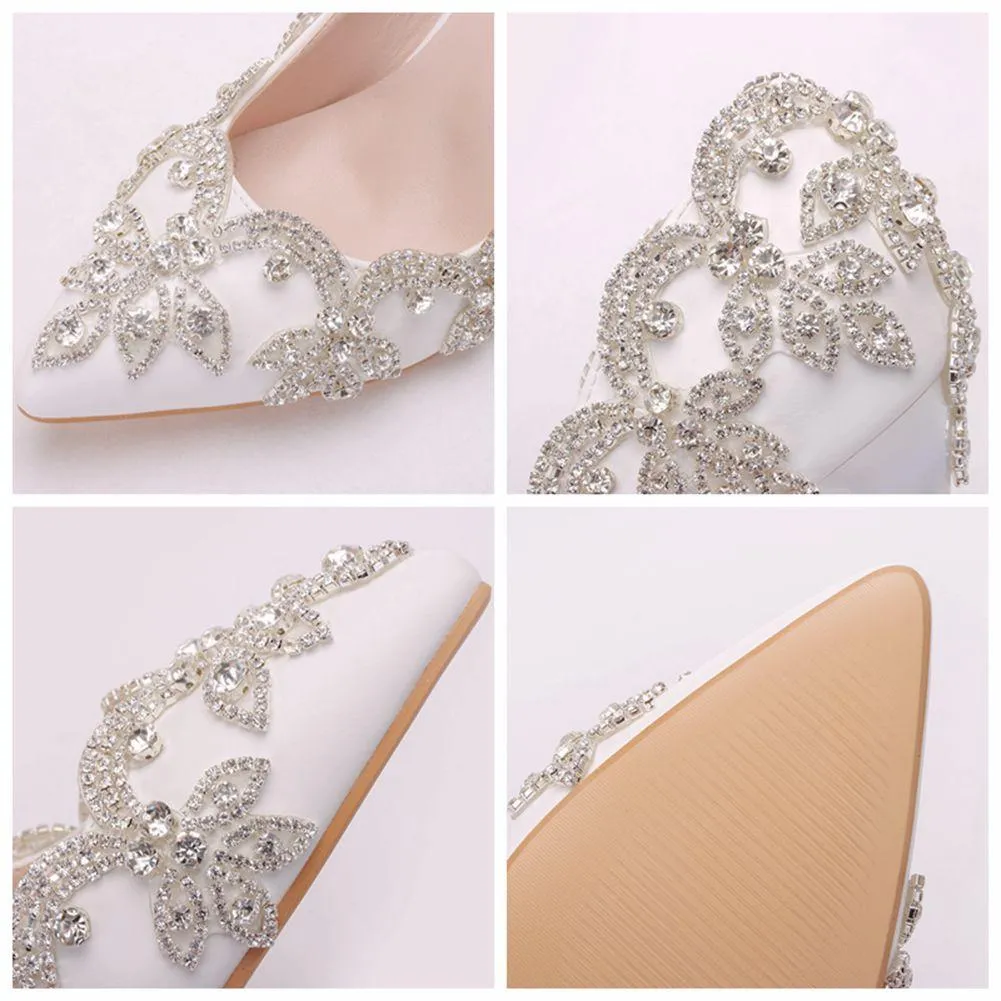 White floral rhinestone elegant white wedding stiletto heels