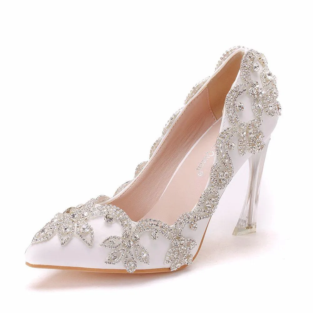 White floral rhinestone elegant white wedding stiletto heels