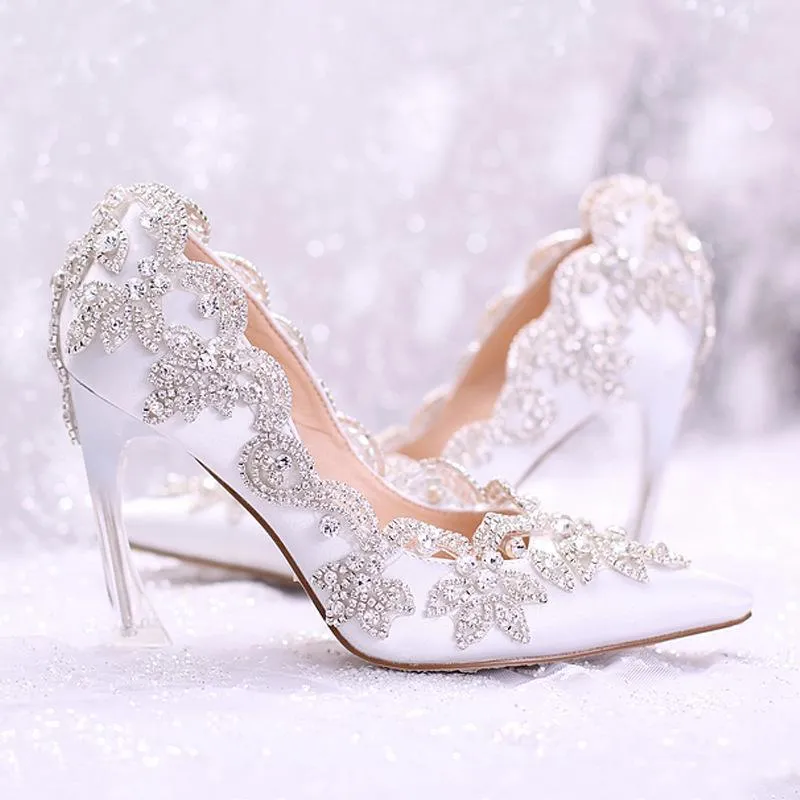 White floral rhinestone elegant white wedding stiletto heels