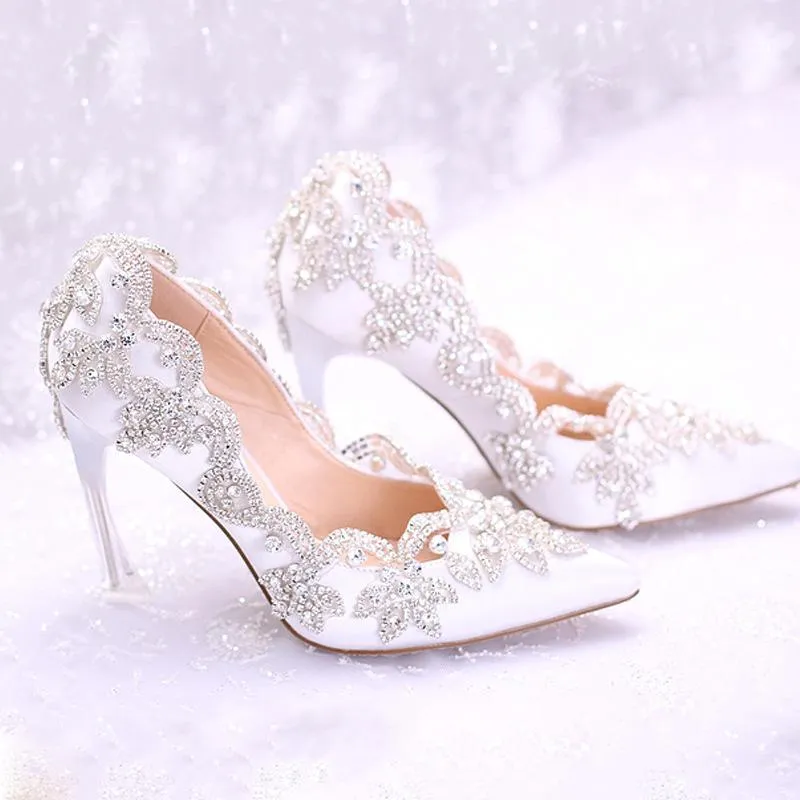 White floral rhinestone elegant white wedding stiletto heels