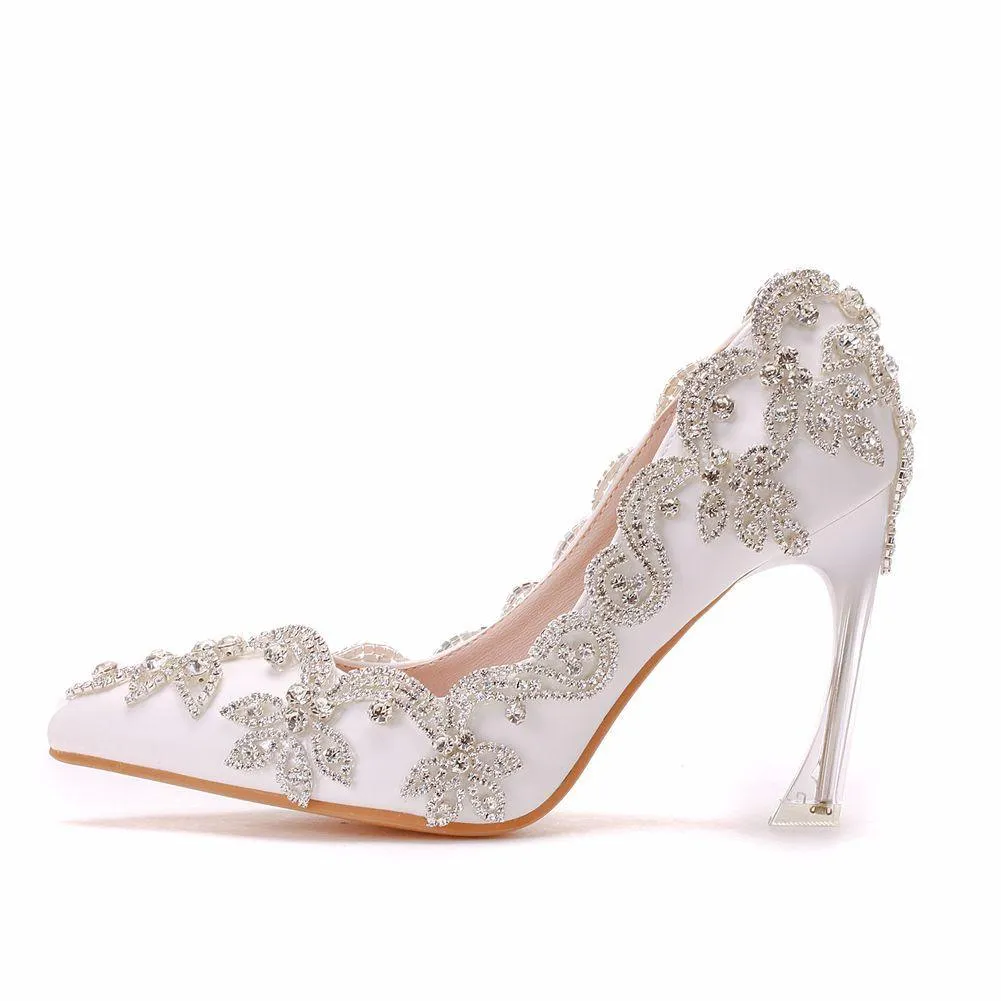 White floral rhinestone elegant white wedding stiletto heels