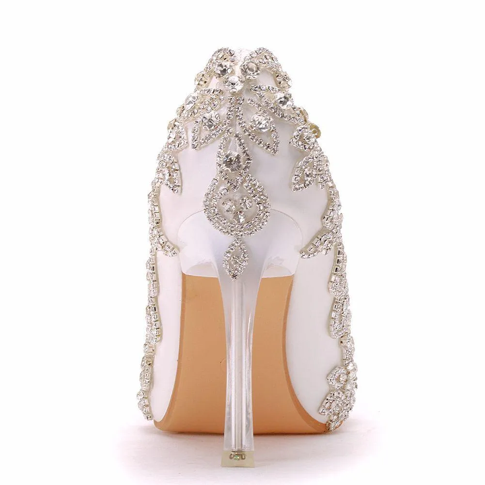 White floral rhinestone elegant white wedding stiletto heels